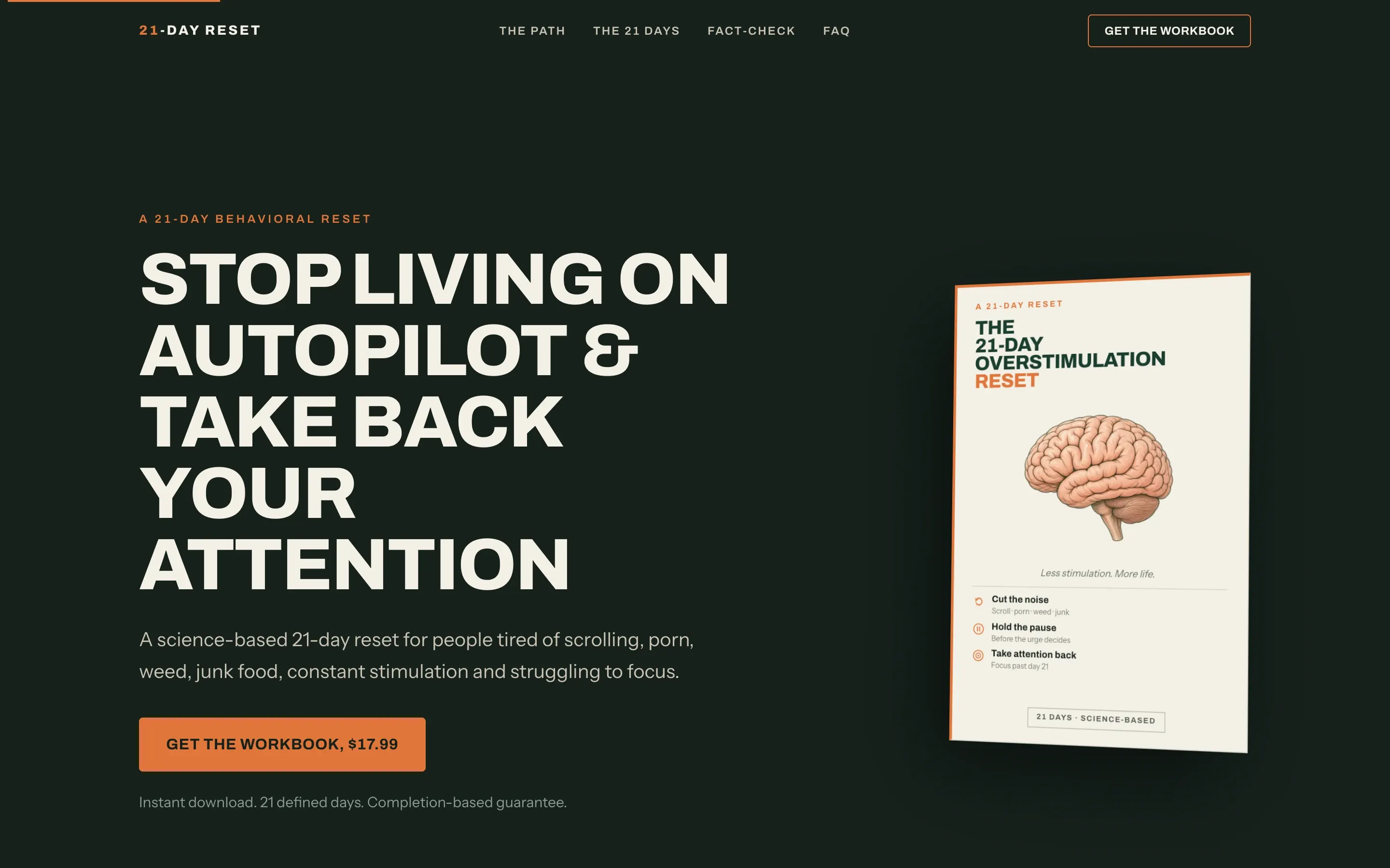 21-Day Reset landing page with the headline Stop living on autopilot and the workbook cover