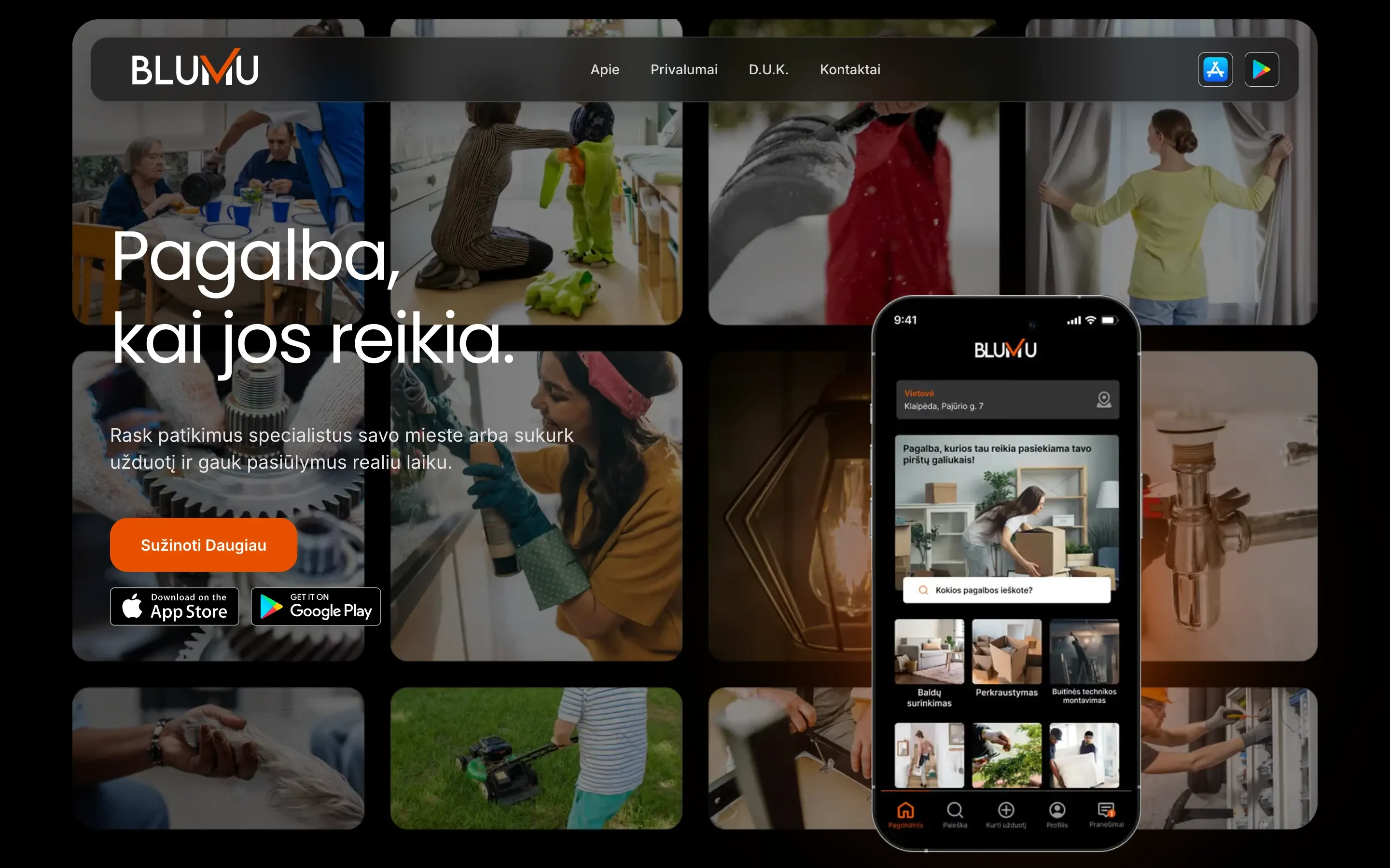 Blumu homepage with a photo grid of local services and the app shown on a phone